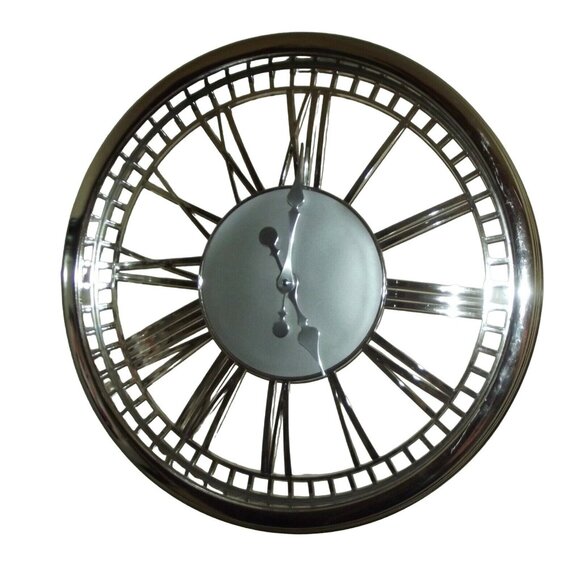Wall Clock Large 20" Round Silver Cut Out Chrome Roman Numeral Skeleton Round - Picture 1 of 8